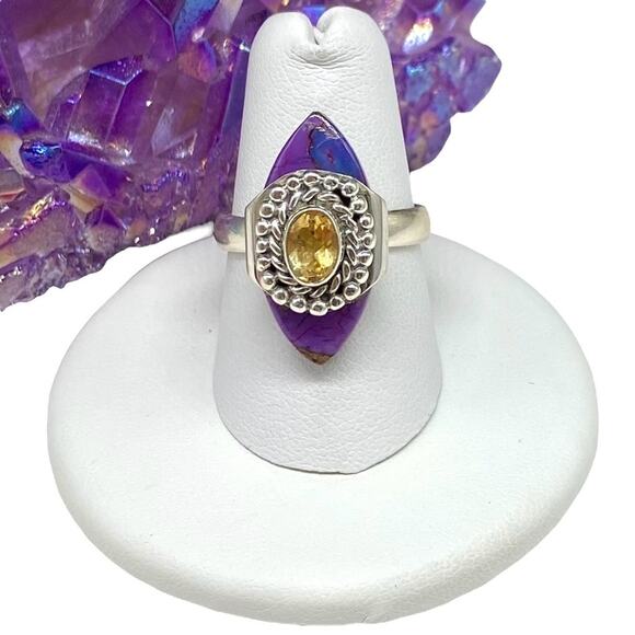 Purple Copper Turquoise & Citrine Ring Size 7 Solid 925 Sterling Silver - Picture 1 of 8